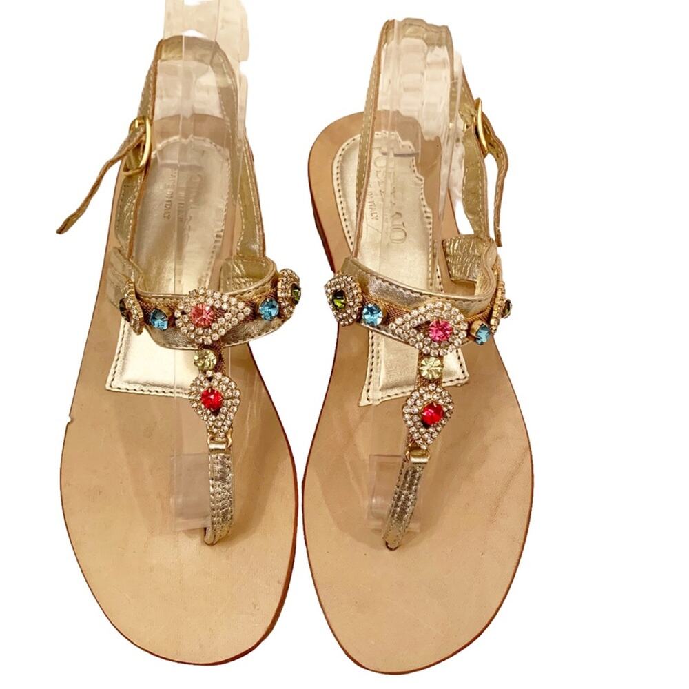 Positano Metallic Gold Multicolor Jeweled Thong Sandal Made In Italy Size 5.5